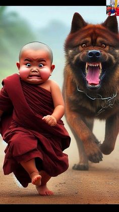 an image of a baby being chased by a dog that is running towards him with his mouth open