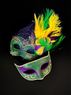 Mardi Gras masquerade masks for couples in gold, green, purple!! 🎭 Multicolor Mardi Gras Costume Masquerade Mask, Green Masquerade Mask For Mardi Gras Party, Green Masks For Mardi Gras Carnival, Multicolor Mardi Gras Party Masks, Multicolor Eye Mask For Mardi Gras, Purple Masquerade, Mardi Gras Masquerade, Couples Masquerade Masks, Mardi Gras Masks