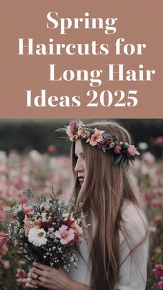 Step into a floral dream with these spring haircuts for long hair ideas 2025! Featuring flowing layers and a delicate flower crown, this look exudes romantic charm. 🌺 Perfect for weddings, garden parties, or spring celebrations. #HairGoals #SpringHairstyles #2025HairTrends