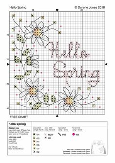 a cross stitch pattern with the words hello spring