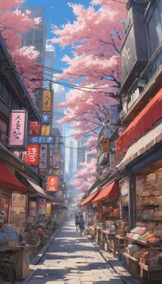 a painting of a city street with cherry blossom trees