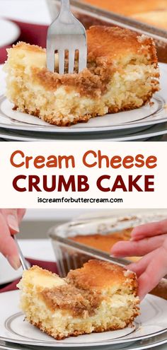 Collage of cream cheese crumb cake with text overlay. Cream Cheese Crumble Topping, Sour Cream Crumb Cake, Cream Cheese Coffee Cake Recipes Easy, Cream Cheese Crumb Cake, Cream Filled Coffee Crumb Cake, Crumb Cake Recipe, Cream Cheese Desserts, Crumble Cake, Coffee Cakes