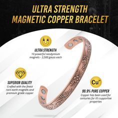 ☑️ SUPERIOR MAGNETS – Say goodbye to pills & needles and experience the benefits of this effective copper magnetic bracelet today! Our copper cuff bracelet contains 10 powerful neodymium magnets, each 3,500 gauss strength, which effectively targets aches and discomfort in the wrist. Your body will appreciate this all-natural, non-invasive alternative approach to feeling better! ☑️ PREMIUM QUALITY – Handcrafted with 99.9% pure copper for enhanced properties and effectiveness. The copper bangle ha Copper And Magnets, Copper Bracelet Benefits, Mens Copper Bracelet, Magnetic Therapy Bracelets, Copper Cuff Bracelet, Feeling Better, Copper Cuff, Rare Earth Magnets, Neodymium Magnets