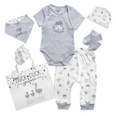 Introducing the Duck Duck Goose Baby Boy's Layette Gift Set  an 8-piece collection of adorable new born baby essentials (0-9M). This thoughtfully curated set includes everything new parents need, making it a perfect choice for baby shower gifts, new baby essentials kit, and personalized baby gifts. Each piece is crafted from high-quality, soft fabrics that are gentle on your baby's delicate skin. This versatile set features new born baby boy clothing and essential accessories, ensuring your litt New Born Baby Boy, Newborn Dinosaur Outfit, Duck Duck Goose, Newborn Layette, Short Sleeve Bodysuit Boy Newborn, Essentials Set, Neutral Baby Clothes, Baby Layette, Essential Accessories