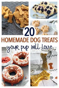 some dog treats are shown with the words, homemade dog treats your pup will love