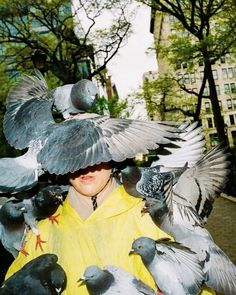 a woman with pigeons on her head and yellow jacket over her shoulders in the city