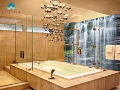 a bathroom with a large bathtub next to a walk in shower and a chandelier