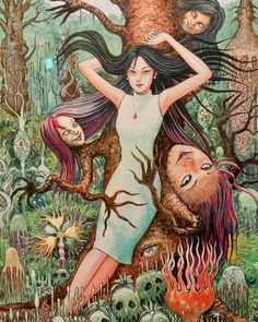 a painting of a woman with long hair standing in front of a tree surrounded by skulls