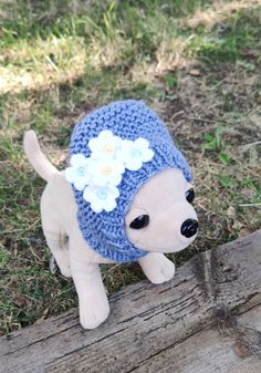 "Blue woolen hat for dogs with beautiful white flowers will keep the ears of your pets warm. This hat is ideal for dog breeds with pointy, pricked ears. The dog's ears are in their natural position, not pressed to the head. The hat warms the ears, the head, and the neck of the pet without causing discomfort. Exclusive 100% hand-knit in 49 wool, 51% acrylic baby yarn. You can choose any color from the last photo, just let me know in the personalization column. It will be soft and warm to your pet. Size XXXS- 6\"-8\" ( 15cm-18cm) Size XXS-8\"-9\" /(20cm-23 cm) Size XS-10\"-11\" (25cm-28cm) Size S-11\"-12\"/(28cm-30cm) Size M-13\"-14\"/(33cm-35cm) Size L--15\"-17\"/(38cm-43cm) If you need a hat of a bigger size write me and we will set it. Choose any color from the last picture. Hand Wash Onl Crochet Dog Hat, Hat Snow, Beautiful White Flowers, Puppy Hats, Snow Hat, Woolen Hat, Chihuahua Puppy, Blue Crochet, Dog Hat