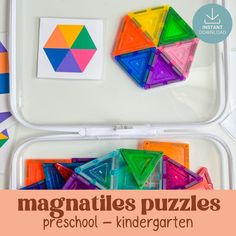 colorful magnets in a plastic container with text overlay reading magnetics puzzles preschool - kindergarten