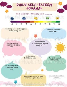 the daily self - esteem journal for kids with colorful speech bubbles and flowers on it