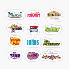 various stickers with different logos on them, including the name of each character and their respective characters