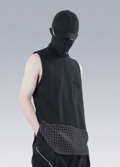 Plaid Stitching Techwear Tees Vest - Silenstorm® - X Sleeveless Cotton Tank Top With Patchwork, Casual Patchwork Tank Top, Casual Black Vest With Patchwork, Casual Black Patchwork Vest, Cotton Patchwork Sleeveless Vest, Sleeveless Cotton Patchwork Vest, Black Sleeveless Top With Patchwork, Black Sleeveless Patchwork Top, Techwear Shirt