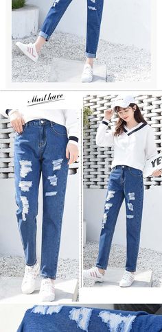 FREE SHIPPING Ripped Jeans Woman High Waist Boyfriend Jeans Pants JKP3644 Casual Stretch Ripped Pants, Casual Ripped Pants For Fall, Harem Jeans, New Pant, Jean Top, Best Jeans, Plus Size Jeans, Cotton Style, Ripped Jeans