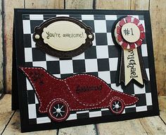 a card with a red car on it and a ribbon attached to the front that says, you're awesome