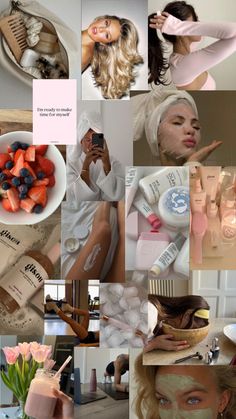 a collage of photos with different types of skin care products and women's faces