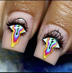 Trippy Nail Designs Acrylic, Psycodelic Nail Art, Eyes Nails Design, Trippy Nail Ideas, Mouth Nail Art, Hippy Nail, Mushroom Acrylic Nails, Chakra Nail Art, Glitch Nails