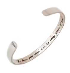 The cuff bracelet comes with the hidden engraving: "We love you and are so very proud of you" But you can change or add an front engraving too. Also you can change the font Size Adjustable ! You can bend the cuff a little to open and close it on your wrist and it will stay in the shape you need Features: - Personalized Gift - Long Personalized  - Birthday gift for her - Adjustable silver cuff - Two sides custom engravable - Hypoallergenic Sterling Silver - Custom Engraving up to 45 characters (8 Engraved Cuff Bracelets For Anniversary, Engraved Cuff Bracelet For Anniversary, Anniversary Engraved Cuff Bracelet, Meaningful Engraved Cuff Bracelet As Gift, Engraved Cuff Bracelet As Gift, Silver Engraved Bangle For Friendship, Silver Bracelets With Engraving Option For Promise, Engraved Cuff Bracelet Gift, Stainless Steel Cuff Bracelet As Gift