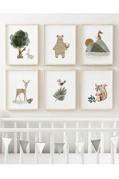 a baby's room with four framed pictures on the wall, including animals and plants