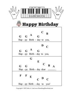 happy birthday piano worksheet for kids with the words happy birthday written on it