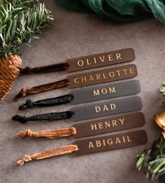 six personalized wooden name tags with pine cones and evergreen branches in the back ground