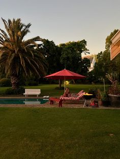 two people sitting under an umbrella next to a swimming pool and palm trees in the background