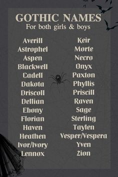 Story Character Name Ideas, Names For Demons, Good Story Names, "a" Names For Boys, Male Gothic Names, Spider Names Ideas, Fanfic Name Ideas, Goth Girl Names List, Masc Names Aesthetic