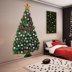 a bedroom with a christmas tree in the corner and a football on the floor next to it