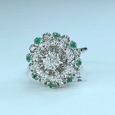 Beautiful 14k Yellow Gold Emerald Diamond Ring. Cluster Set Eleven (19) Natural Round Brilliant Diamonds In 3 Tiers. The Top Diamond Weight Approx. 0.1ct, Combine Approx. 0.6ct. G-H Color And Vs2-Si1 Clarity. Eight Round Verdant Green Emerald, Weight Approx. 0.08ct. This Bombre Ring. 15.5mm Across, 15.0mm Rise From Finger. Ring Size 6.50 Weight 6.6g. Hallmark 14k Round Emerald Multi-stone Cluster Ring, Formal Cluster Multi-stone Emerald Ring, Green Multi-stone Diamond Cluster Ring, Green Emerald Cluster Ring With Multi-stones, Emerald-cut Cubic Zirconia Cluster Ring In Fine Jewelry Style, Emerald Diamond Ring, Diamond Cluster Ring, Natural Emerald, Emerald Diamond