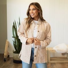 Get ready for your new favorite go-to corduroy shacket! It will keep you cozy and warm as our weather starts to to cool. 88% POLYESTER, 12% NYLON Model is 5'5" and is wearing a Small Beige Corduroy Shacket Outfit, Beige Corduroy Collared Outerwear, Beige Collared Corduroy Outerwear, Everyday Corduroy Winter Outerwear, Winter Corduroy Outerwear, Everyday Winter Corduroy Outerwear, Winter Corduroy Outerwear For Everyday Wear, Spring Corduroy Button-up Utility Jacket, Spring Corduroy Outerwear With Buttoned Pockets