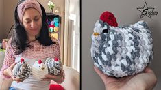 a woman holding two knitted chicken ornaments in her left hand and the right one is wearing a headband