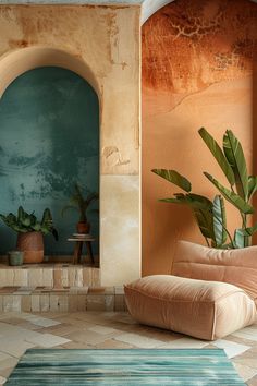 a living room filled with furniture and a potted plant next to a doorway in the wall