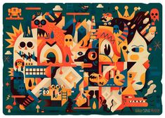 an abstract painting with lots of different shapes and sizes, including skulls and other things