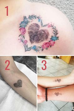 four different tattoos that are on the back of a woman's shoulder and arm