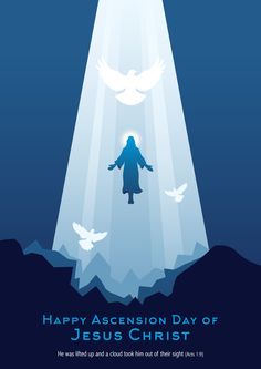 a person standing on top of an iceberg with doves flying over it and the words happy ascension day of jesus christ