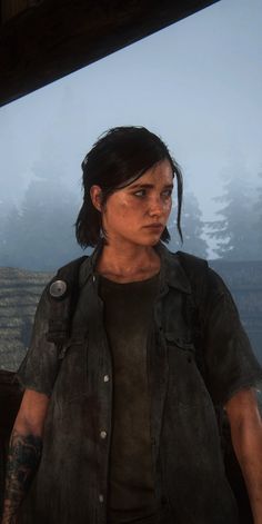 the last of us character standing in front of a window with trees and fog behind her