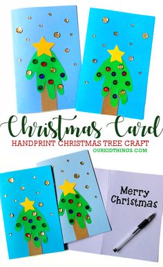 three christmas cards with the words merry christmas card on them and an image of a tree