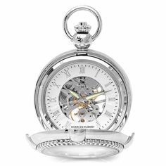 PRODUCT DESCRIPTIONThis unique Charles Hubert pocket watch is designed in elegant polished silver, with viewing windows on front and back to see the inner 17-jewel mechanism, numerals and hands. The interior has a white dial with silver Roman numerals and luminescent hands, The pocket watch comes with a 12" matching chain, and has an attached desk stand to display on a desk or bedside table.This artistically-crafted pocket watch comes in a signature Charles Hubert gift box.PRODUCT INFORMATIONPol Elegant Self-winding Pocket Watch With Round Dial, Elegant Self-winding Pocket Watch, Timeless Self-winding Pocket Watch With Round Dial, Classic Silver Chronometer Watch Accessories, Timeless Silver Watch Accessories With Metal Dial, Elegant Formal Pocket Watch With Skeleton Dial, Elegant White Pocket Watch With Chronometer, White Polished Watch Accessories For Anniversary, Elegant White Pocket Watch For Formal Events