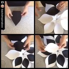 four pictures showing how to make an origami flower with black and white paper