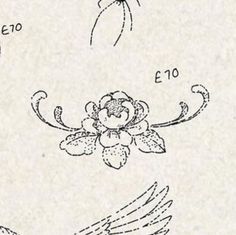 three drawings of flowers and wings on white paper