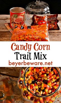 candy corn trail mix is in a glass bowl and on the table next to it