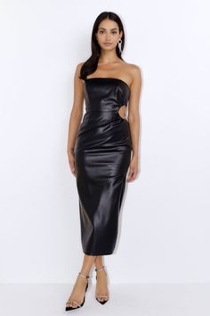 Length from bust to hem of size S: 108cm. Midi dress. Lined. Model is a standard XS and is wearing size XS. True to size. Non-stretch fabric. Cutout. Inner grip. Cold hand wash only. PU. You'll want to wear this dress to every party, girl. The Set This Trend Faux Leather Midi Dress features a cutout to the waist and an inner grip to keep you secure all night long. Style with heels and curls for a look we're obsessed with. Leather Midi Dress, Bridal Shower Dress, Midi Dress Black, Shower Dresses, Party Girl, Leather Dresses, Black Set, Date Outfits, Black Dresses