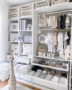 a baby closet with lots of toys and items on it's shelves, including a stuffed giraffe