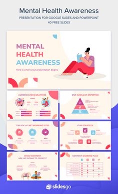 the mental health awareness powerpoint presentation is shown in blue, pink and white colors