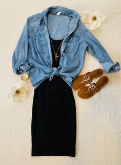 Stylish way to wear a denim shirt with a black casual dress Black Dress Denim Shirt Outfit, Black Dress Denim Shirt, Black Dress Chambray Shirt Outfit, Black Dress With Jean Shirt, Denim Shirt With Dress Outfit, Black Dress With Denim Shirt, Blue Denim Button Up Shirt Outfit, Denim Button Shirt Outfit, Short Sleeve Denim Shirt Outfit Women