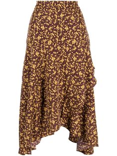 auburn brown/ochre yellow all-over floral print ruffled detailing asymmetric design high waist rear elasticated waistband asymmetric hem mid-calf length Midi Skirt Brown, Auburn Brown, Floral Print Midi Skirt, Ochre Yellow, Printed Midi Skirt, Asymmetrical Design, Asymmetric Hem, Auburn, Size Clothing