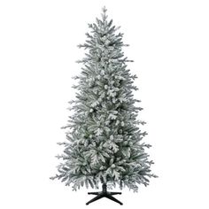 a white christmas tree with snow on it's branches and black stand against a white background