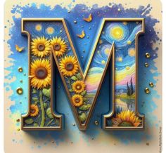 the letter m is made up of sunflowers and other things that are painted on it