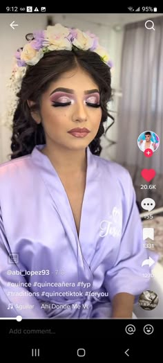 Sweet 15 Makeup Looks Purple, Make Up For Quinceanera Purple, Quinceanera Hairstyles Purple, Rapunzel Theme Quinceanera Dama Dress, Purple Quince Eye Makeup, Quinceanera Lavender Makeup, Purple 15 Makeup