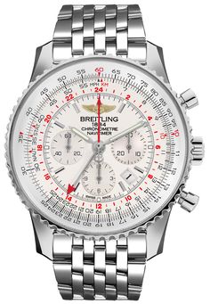 AB044121/G783/453A | AB0441211G1A1 BREITLING NAVITIMER GMT MEN'S WATCH FOR SALE Store Display Model (What's This?) - Free Overnight Shipping - With Manufacturer Serial Numbers - Swiss Made - Mercury Silver Dial - Index Hour Markers - Date Feature - Small Seconds Sub-Dial at 9 O'Clock - Chronograph Feature     Central Chronograph Seconds Hand     30 Minute Counter Sub-Dial at 3 O'Clock     12 Hour Counter Sub-Dial at 6 O'Clock - GMT Second Time Zone Feature - Slide Rule Feature - 70 Hour Power Reserve - Self-winding Automatic Movement     COSC Chronometer Certified - Breitling Caliber B04 - Vibrations Per Hour: 28,800 - Jewels: 47 - 6 Year Warranty - Guaranteed Authentic - Certificate of Authenticity - Manufacturer Box & Manual - Polished Stainless Steel Case - Polished Stainless Steel Navi Breitling Watches Navitimer, Awesome Watches, Nice Watches, Pretty Watches, Army Watches, Rolex Women, Slide Rule, Breitling Watches, Amazing Watches